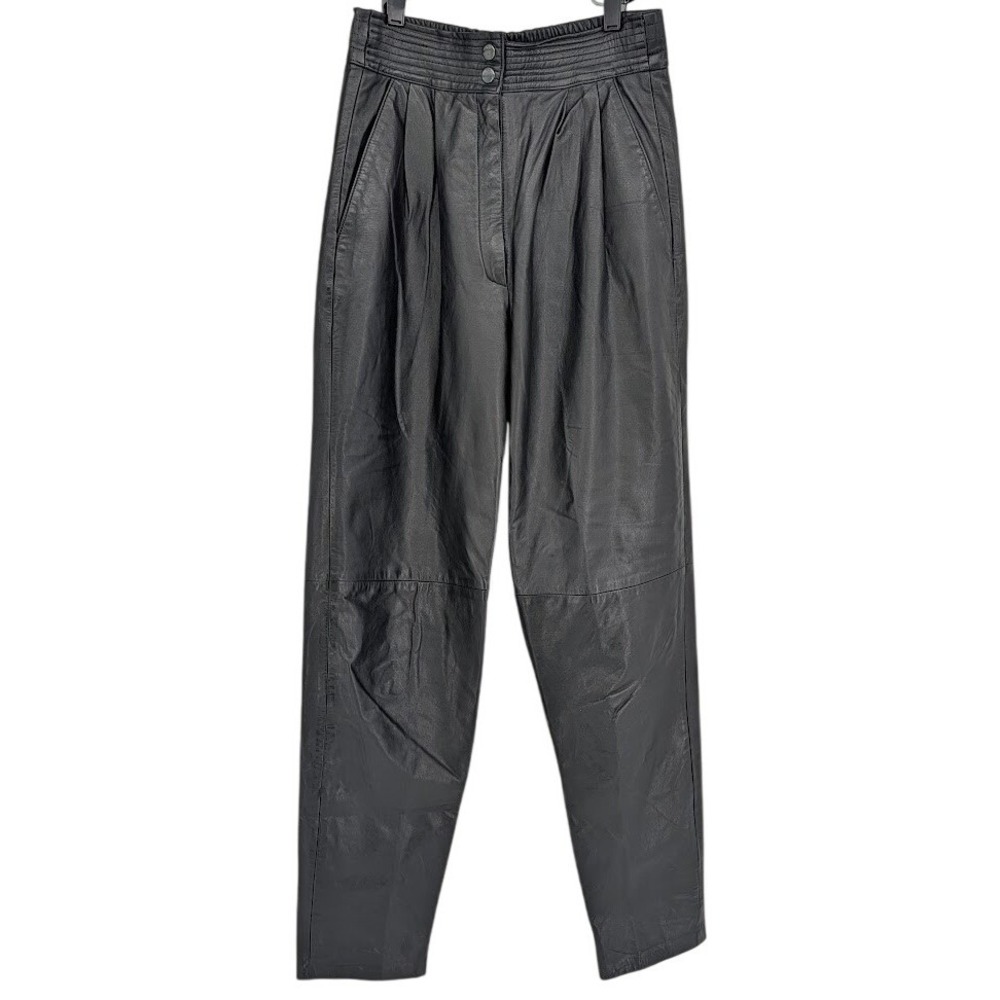 Vintage Petites Black Leather Pants High Waisted Pleated Tapered 26 Waist